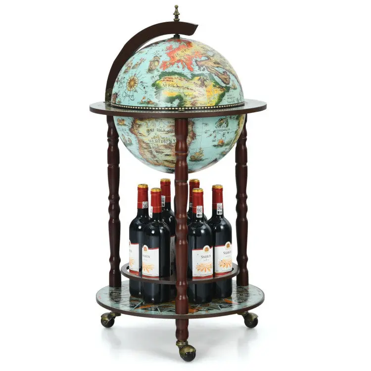 14-Inch Nautical-Themed Globe Wine Cart with Map Detail, Bottle Shelf, and Mobility Wheels