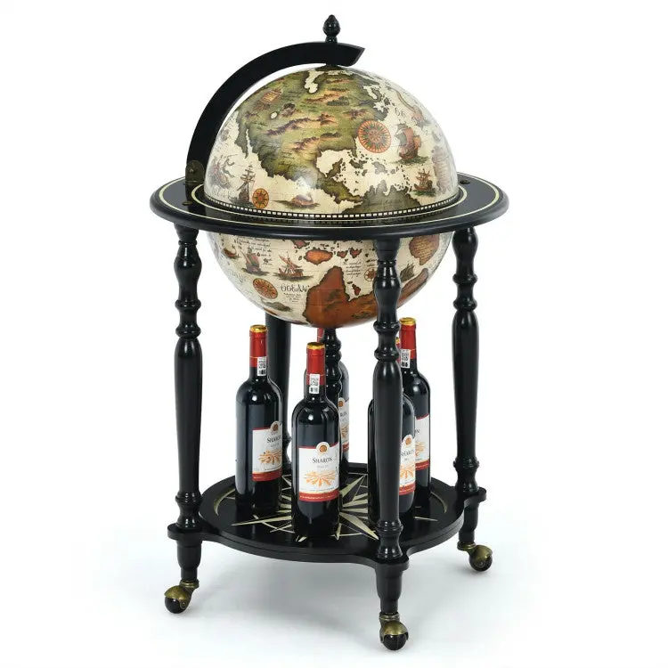 16-Inch Maritime Chart Globe Bar Cabinet on Casters – Decorative Wine and Spirits Organizer