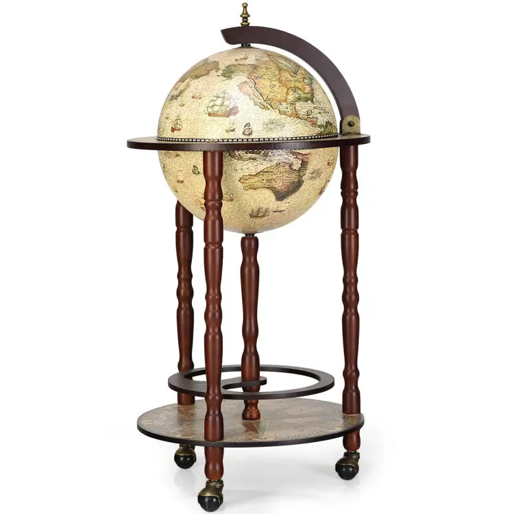 17-Inch Vintage-Style Wooden Globe Wine Bar Cart with Casters and Italian Renaissance Design