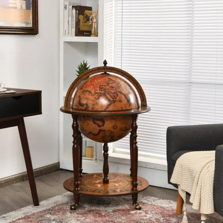 18-Inch Elegant Italian-Style Globe Wine Cabinet Cart with Rolling Mobility and Display Shelving