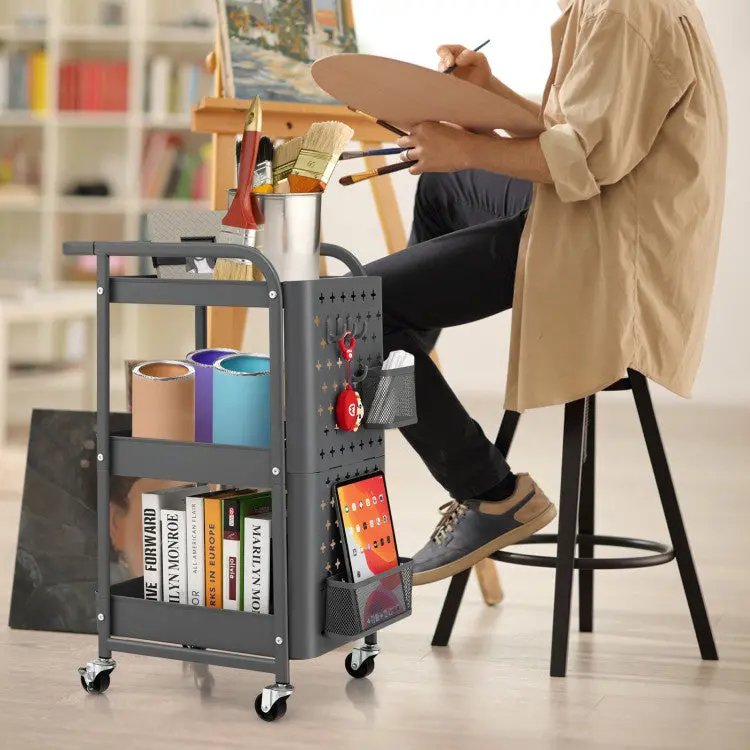 3-Tier Rolling Utility Cart — Modular Baskets, Removable Hooks & Multi-Space Organization for Kitchen or Garage