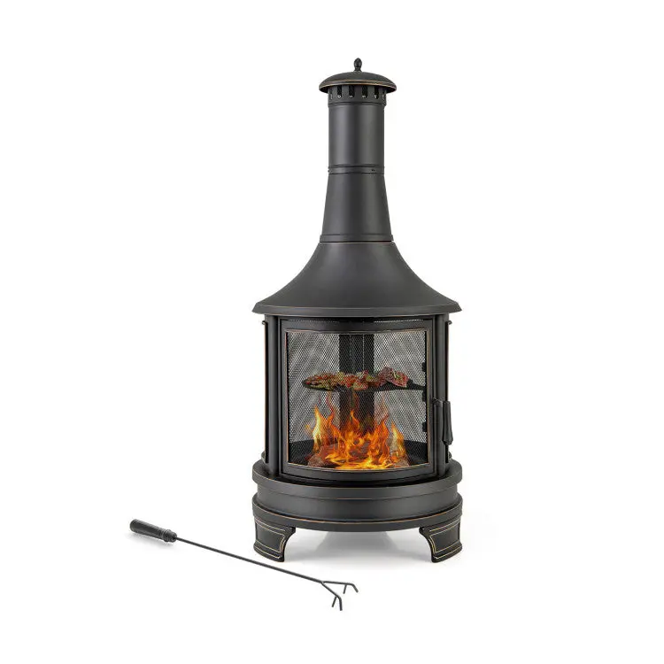30-Inch Outdoor Wood-Burning Chiminea with Adjustable Cooking Grill and Fire Poker