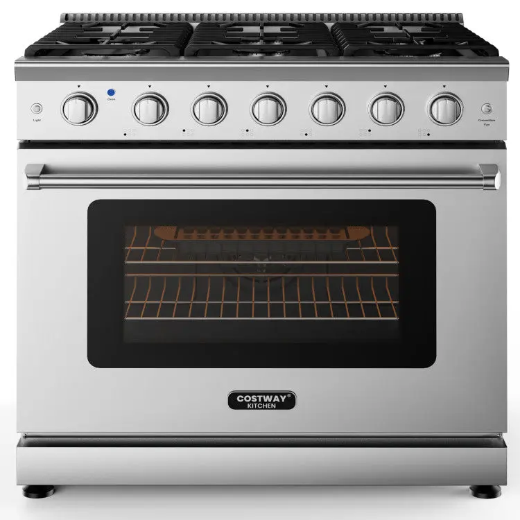 36-Inch Freestanding Dual-Fuel Range: Stainless Steel Gas Cooktop with 6 Burners and Integrated Storage Drawer