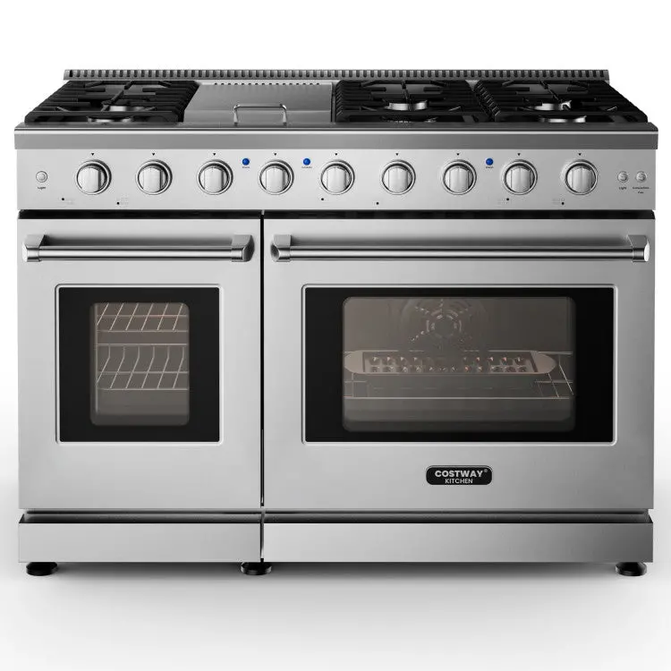 48-Inch All-Gas Double-Oven Freestanding Range with Stainless Steel Grates and Convenient Storage Drawer