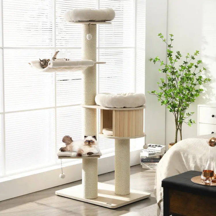 68.5-Inch Modern Wooden Cat Condo with Sisal Posts, Dangling Toys, and Four-Level Platforms
