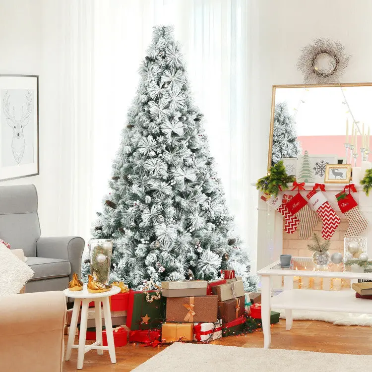 7-Foot Snow-Flocked Artificial Christmas Tree Featuring Pine Cones and Red Berries