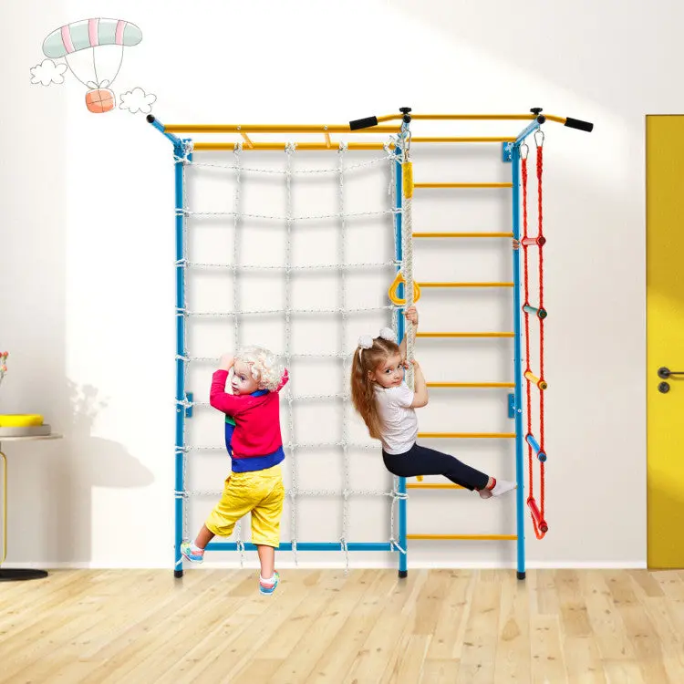 7-in-1 Indoor Kids Climbing System – Steel Frame Playground with PVC-Gripped Ladder, Gymnastic Rings, and Safety Pads