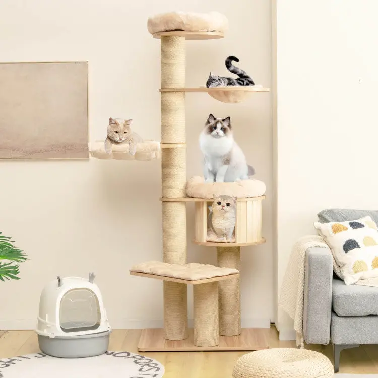 75-Inch Tall Wooden Cat Tower with Washable Mats, Multi-Platform Design, and Spacious Layout for Big Cats