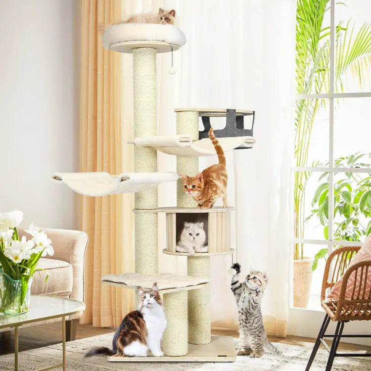 77.5-Inch Multi-Tier Cat Tree Tower with Hammocks & Hanging Basket for Large Cats and Kittens