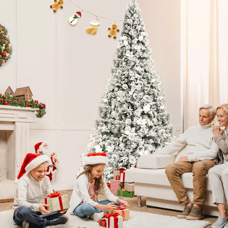 8-Foot Flocked Hinged Christmas Tree Decorated with Berries and Poinsettias