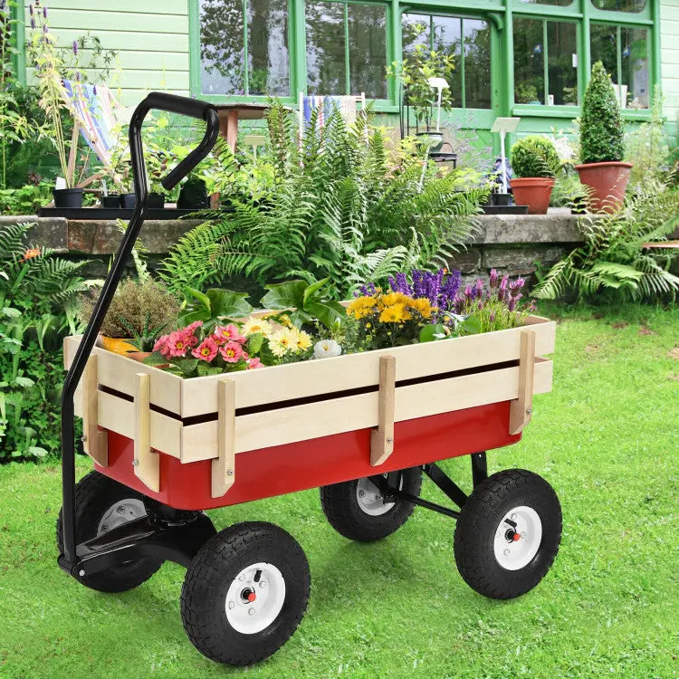 All-Terrain Outdoor Cargo Wagon with Non-Slip Handle and Wooden Side Panels