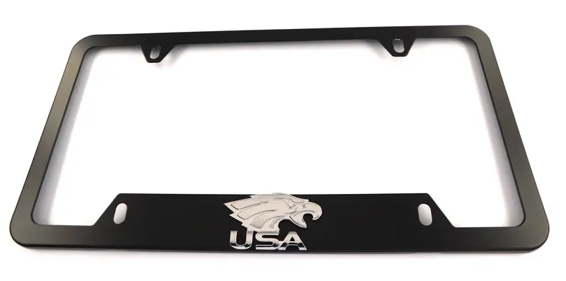 American Eagle Chrome-Accent Black Aluminum License Plate Frame – 4-Screw Cutout Design
