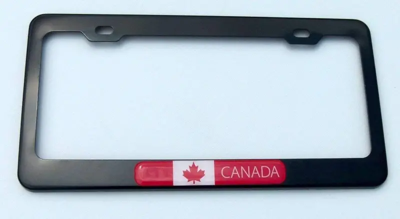 Canada Flag License Plate Frame – Domed Black Metal Automotive Holder