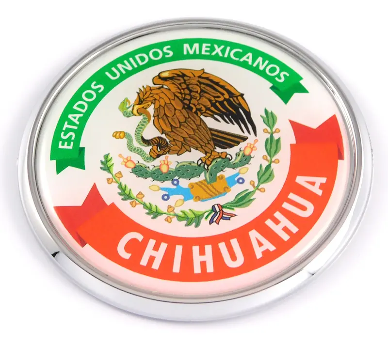 Chihuahua State Chrome Car Emblem – 3D Round Decal, 2.75 Inches
