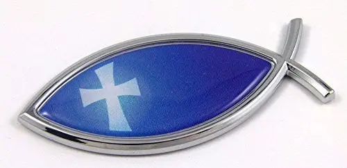 Christian Cross & Fish Flag Chrome Emblem – Faith-Based Vehicle Decal for Cars, Bikes, and Autos