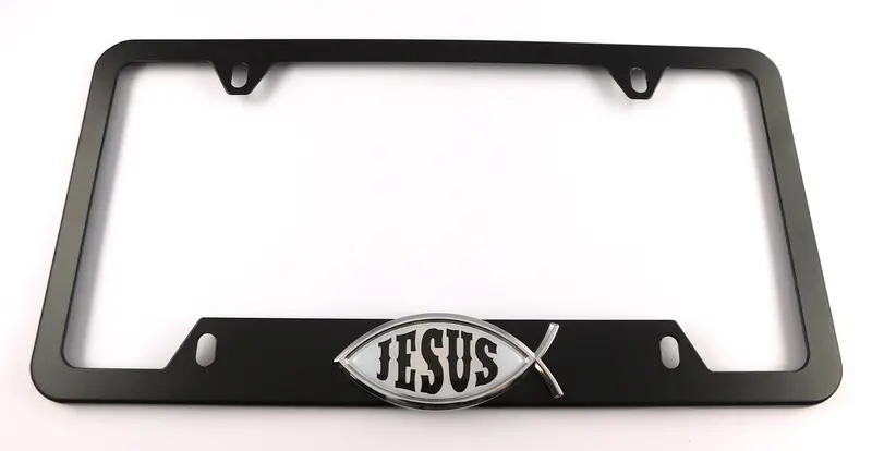 Christian Ichthys License Plate Holder – Sleek Black Aluminum Frame with Cutout Base