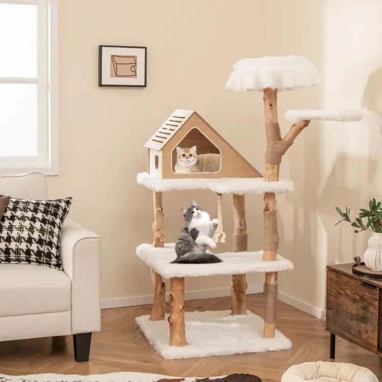 Contemporary Cat Tree – 60″ Tall Tower with Jute Scratching Posts and Multi-Level Perches