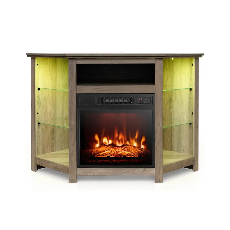 Corner TV Stand for 50″ Screens – 45″ Fireplace-Style Entertainment Center with Adjustable Shelving