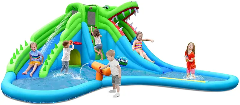 Crocodile-Style Inflatable Water Park – Bounce Area, Climbing Wall, and Twin Slides