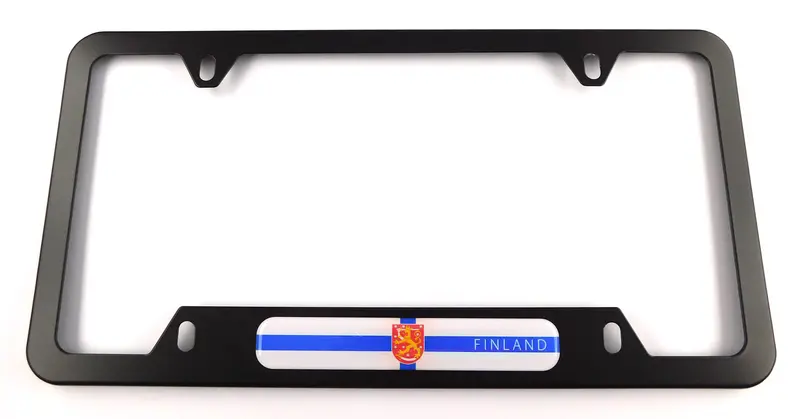 Finnish Flag License Plate Holder – Lightweight Black Aluminum Auto Frame with 4-Hole Cutout