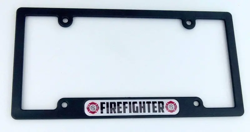 Firefighter-Themed Car License Plate Frame – Black Plastic with Domed Color Lens