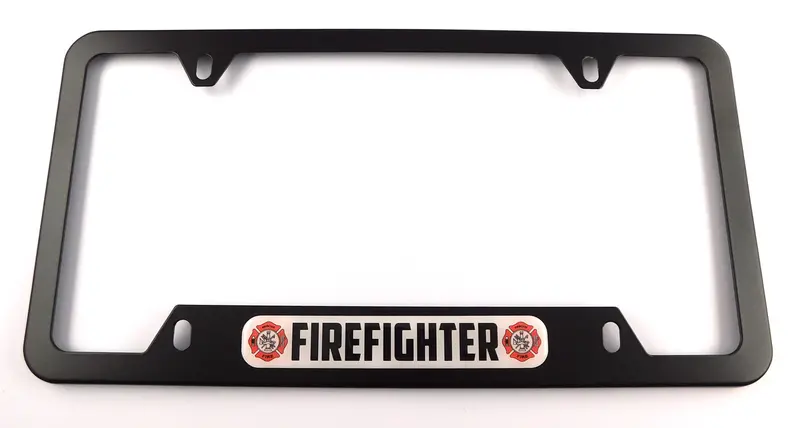 Firefighter-Themed License Plate Border – Durable Black Aluminum Car Frame, Cutout Base