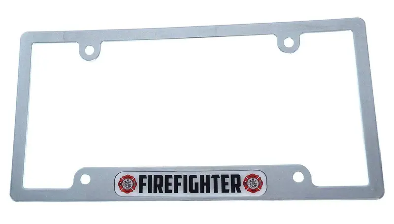 Firefighter-Themed License Plate Frame – Chrome-Plated Plastic Emblem Holder (CP08)