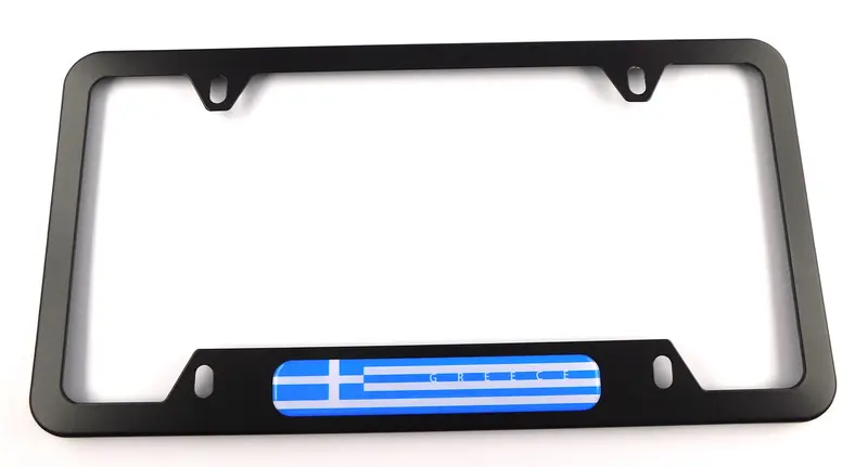 Greek Flag License Plate Frame – Sleek Black Aluminum Auto Mount, Bottom Cutout Design