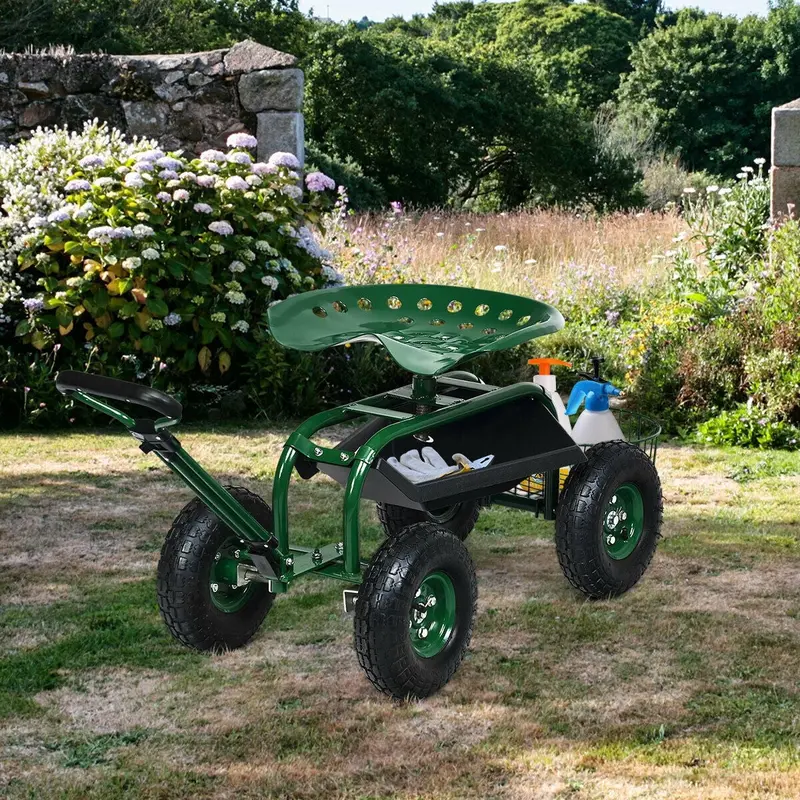 Heavy-Duty Rolling Garden Cart with 360° Rotating Seat and Telescoping Handle