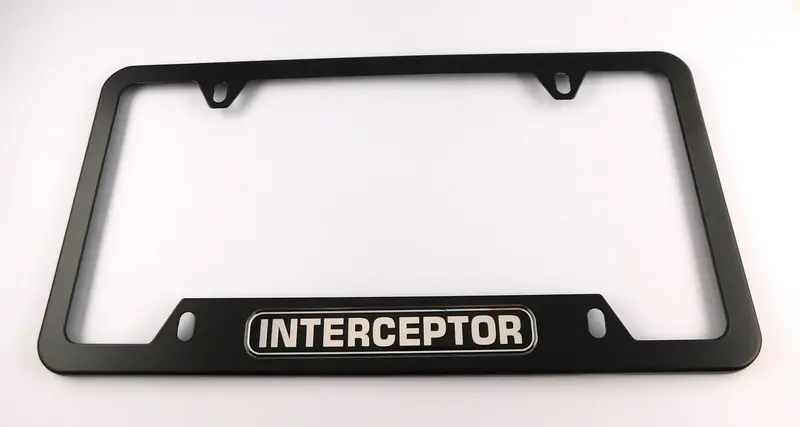 Interceptor-Themed License Plate Frame – Black Aluminum Auto Mount, 4-Screw Cutout Design