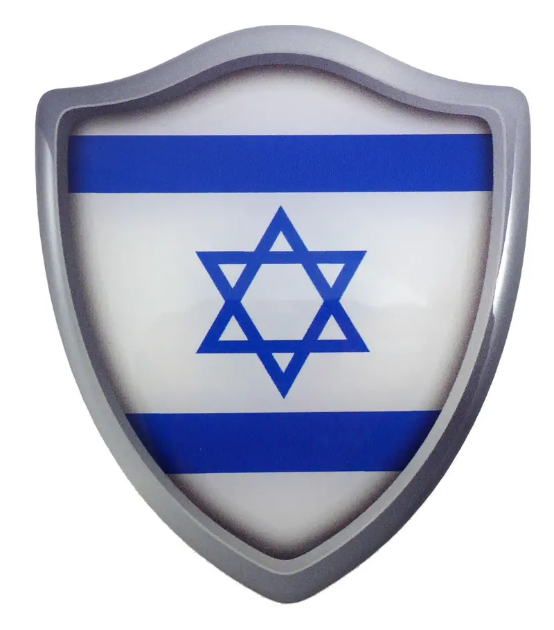 Israeli Flag Shield Decal – Dimensional Domed Resin Auto Sticker (2.6″ x 3″)