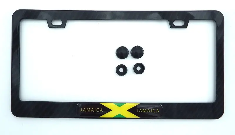 Jamaican Flag License Plate Frame – Matte Black Carbon Fiber Effect Metal Border