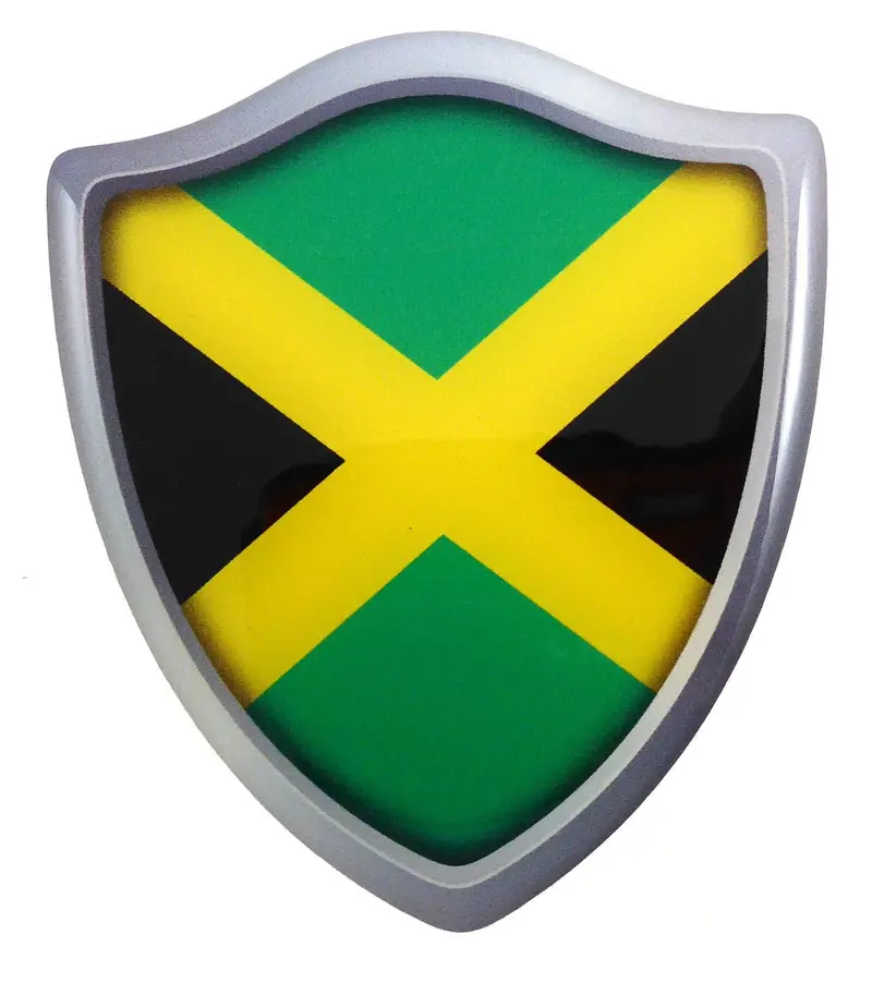 Jamaican Flag Shield Decal – Vibrant Domed Resin Vehicle Sticker (2.6″ x 3″)
