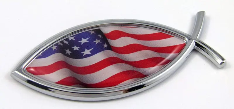 Jesus Fish & USA Flag Chrome Emblem – Dual-Symbol Automotive Decal