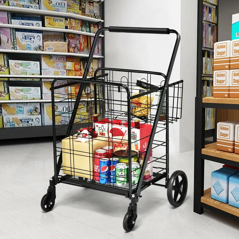 Jumbo Folding Grocery Cart – Heavy-Duty Dual-Basket Utility Cart with 360° Swivel Wheels
