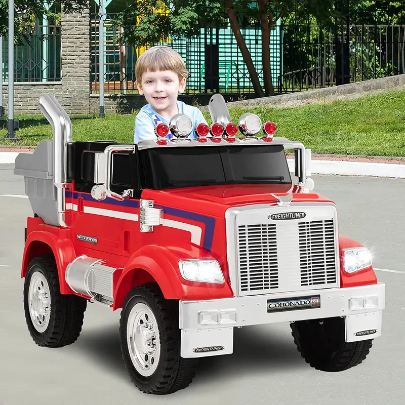 Licensed 12V Freightliner Dump Truck Ride-On Toy for Children with Remote-Controlled Rear Loader