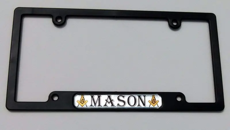Mason Emblem License Plate Border – Sleek Black Frame with Domed Fraternal Symbol