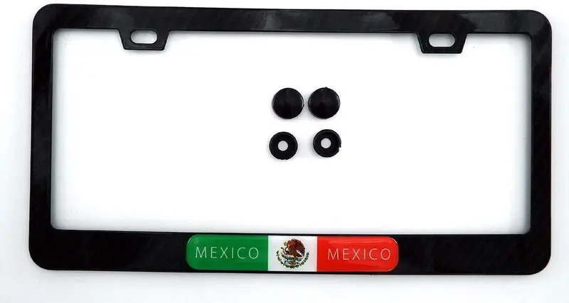 Mexican Flag License Plate Frame – Matte Black Carbon Fiber Texture Metal Holder