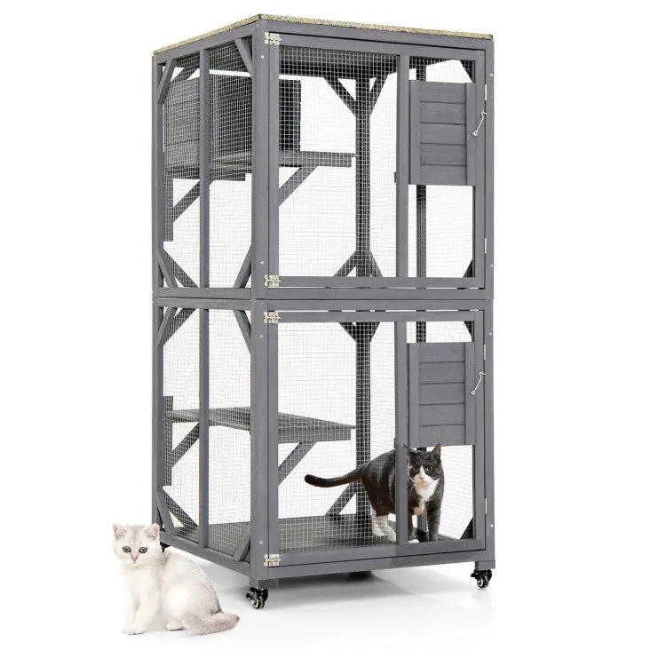 Mobile Outdoor Cat Enclosure with Resting Platform and Wheeled Base