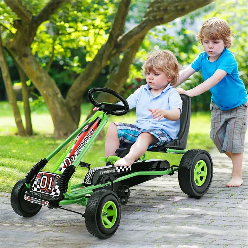 Pedal-Powered Kids Go-Kart with Four Wheels and Height-Adjustable Seat