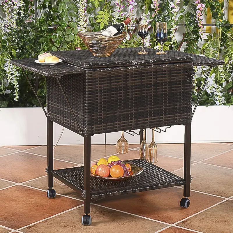 Portable 108-Quart Rolling Beverage Cart — Wicker Cooler Trolley with Shelf and Casters