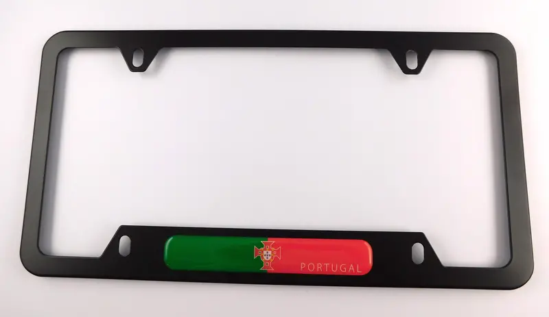 Portugal Flag Black Aluminum License Plate Holder – 4-Hole Mount with Bottom Cutout