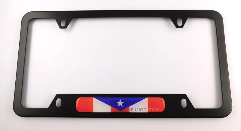 Puerto Rico Flag Black Aluminum License Plate Holder – 4-Hole Mount & Cutout Base
