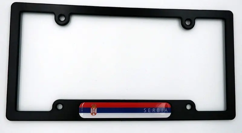Serbian Flag License Plate Frame – Black Plastic with Domed National Decal Insert