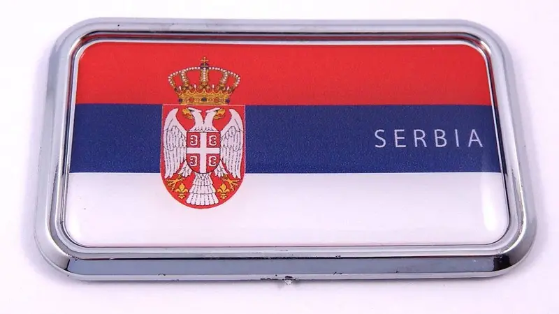 Serbian Flag Rectangular Chrome 3D Car Decal – Balkan Nation Vehicle Sticker (3″ x 1.75″)