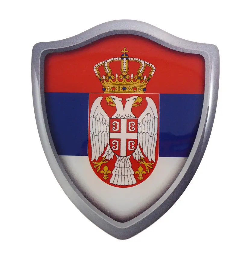 Serbian Flag Shield Decal – Dimensional Domed Resin Vehicle Emblem (2.6″ x 3″)