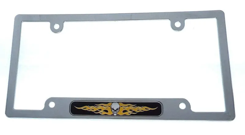 Skull & Flame Design License Plate Frame – Chrome Plastic Car Tag Holder (Model CP08)