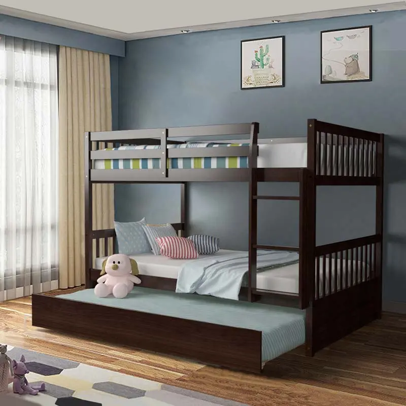 Solid Hardwood Convertible Bunk Bed with Trundle Drawer, Safety Ladder, and Upper Guardrails