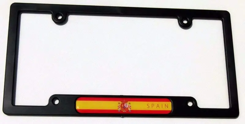 Spanish Flag License Plate Frame – Black Plastic with Domed Flame Decal (CP08)