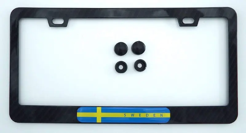 Swedish Flag License Plate Frame – Premium Black Carbon Fiber Texture Metal Border